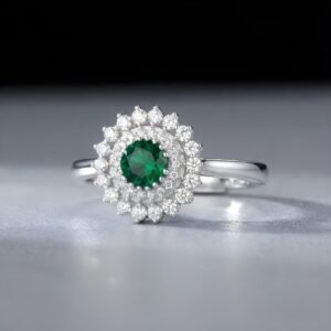 Silver Emerald Halo Ring