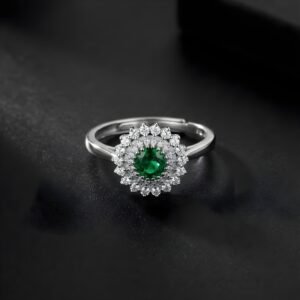 silver emerald halo ring