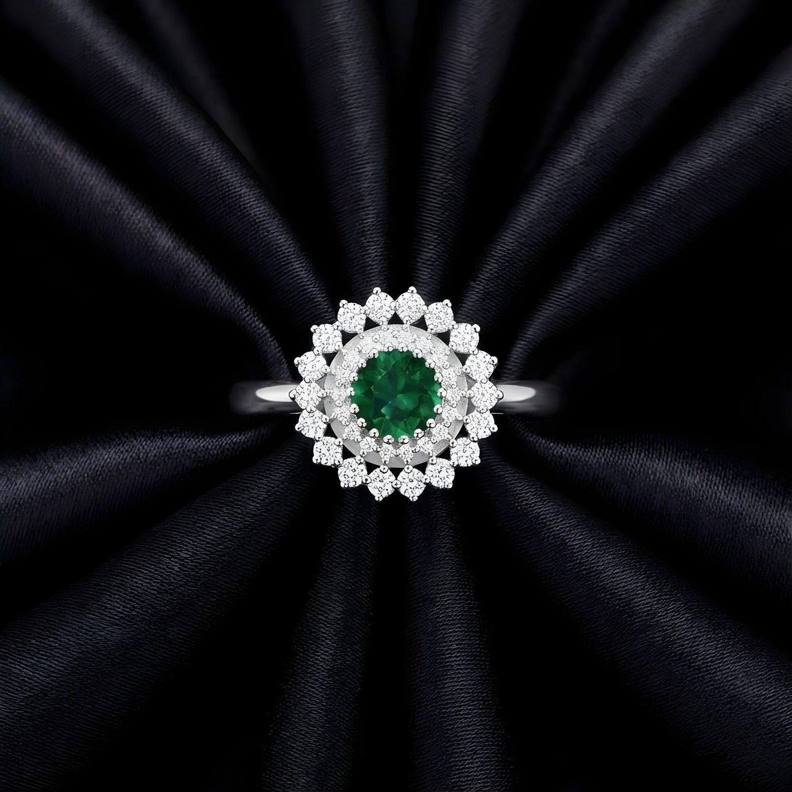 silver emerald halo ring